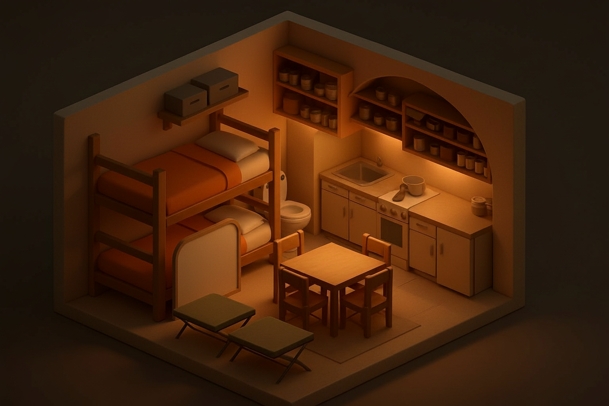 Innenraum eines kompakten Bunkers für 4 Personen mit Betten, Tisch, Küche und Vorräten